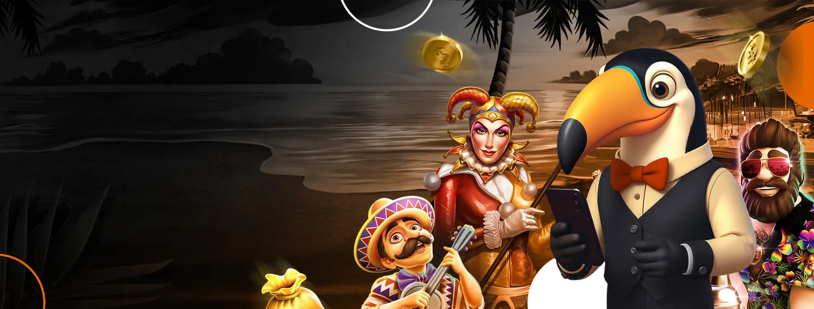 Tucan-mascotte in smoking met oranje vlinderdas naast slotfiguren op een tropisch avondstrand